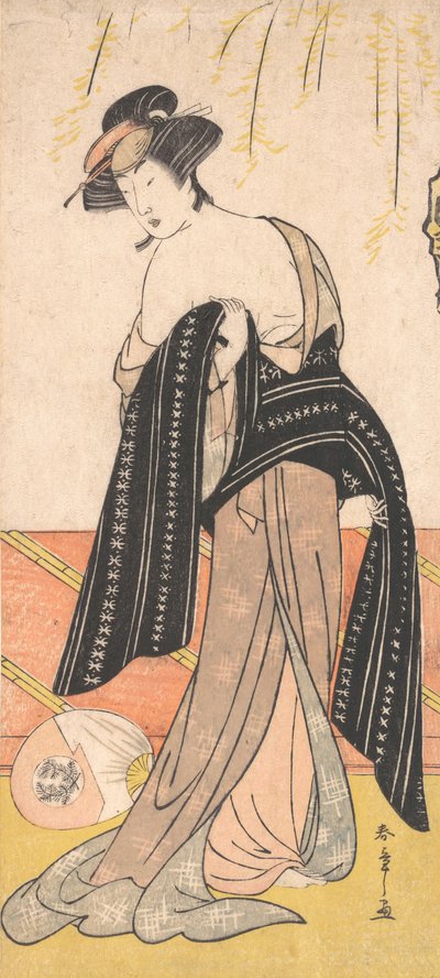 O ator Nakamura Riko como um Oiran amarrando seu Obi, ca. 1779. de Shunsho