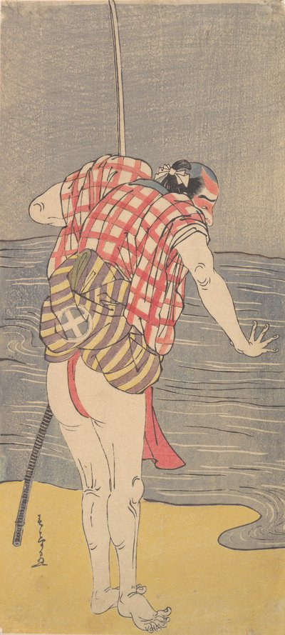 O ator Otani Hiroemon III como homem pronto para entrar no mar com uma espada desembainhada, ca. 1775. de Shunsho