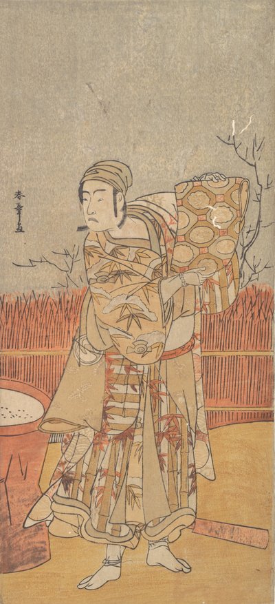O ator Sawamura Sojuro III segurando um pedaço de brocado, final do século XVIII. de Shunsho