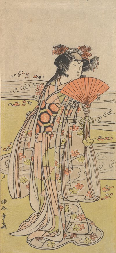O ator Segawa Kikunojo III como uma mulher em pé perto de um riacho sinuoso, ca. 1777. de Shunsho