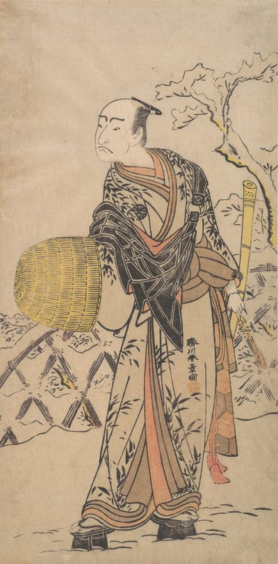 O Primeiro Nakamura Nakazo como um Komuso em pé na neve por uma cerca, ca. 1775. de Shunsho