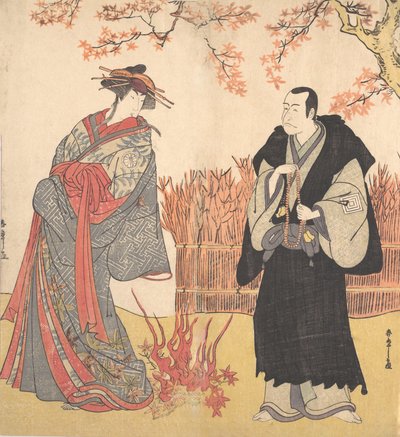 O Segundo Segawa Tomisaburo como uma alta cortesã em pé em uma sala, ca. 1785. de Shunsho