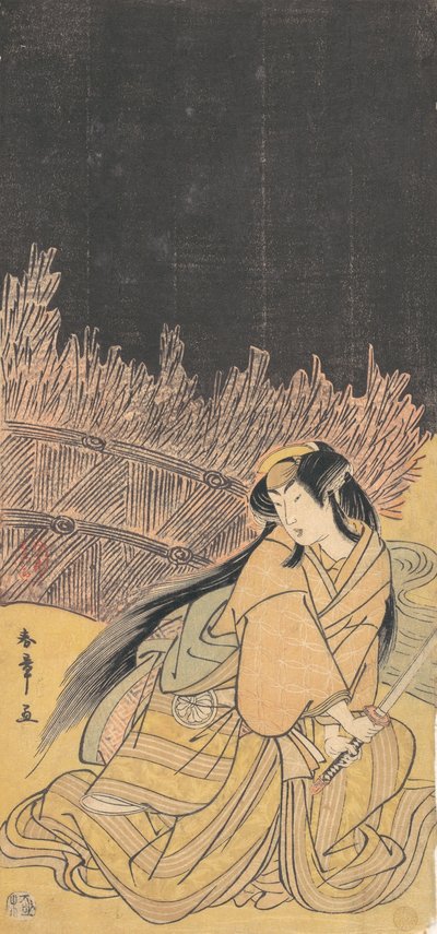 O terceiro Segawa Kikunojo como uma mulher agachada, 1778. de Shunsho