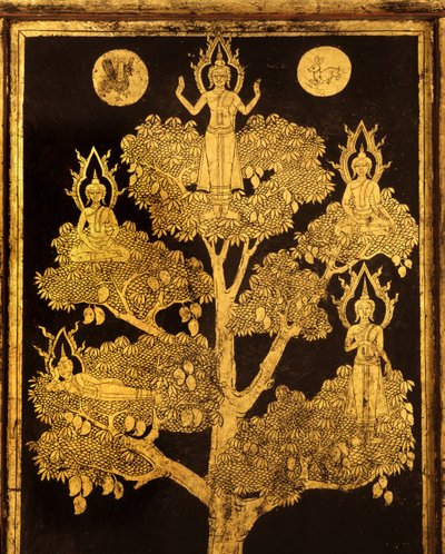 Painel traseiro de um armário de manuscritos com cenas budistas, provavelmente no final do período Ayutthaya (madeira dourada e lacada) de Siamese School