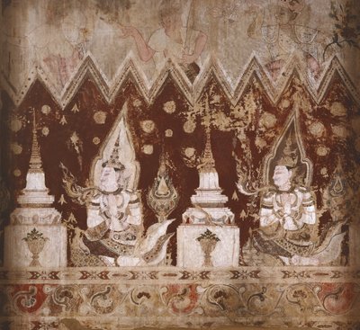 Detalhe dos murais sobreviventes (pintura em pedra) de Siamese School