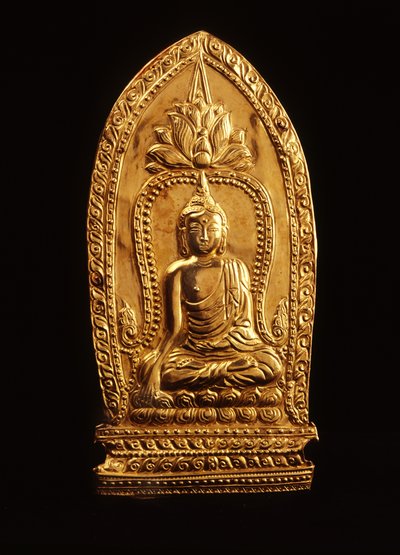 Placa votiva retratando Buda subjugando Mara (ouro) de Siamese School