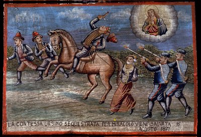 Ex-voto (ex voto) siciliano: "A Condessa Ursino raptada acaba de ser salva por milagre em 16/08/1871". Representação de um bandido (Brigantaggio): Os três ladrões estão a raptar a Condessa enquanto os Carabinieri disparam contra eles. . de Sicilian School