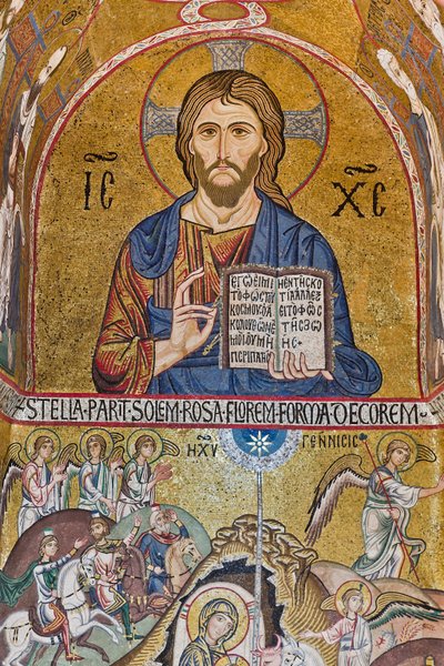 A Capela Palatina (Basílica), absidiola do Sul ou de São Paulo, mosaicos: "Cristo Pantocrator" e "Natividade", século XII de Sicilian School