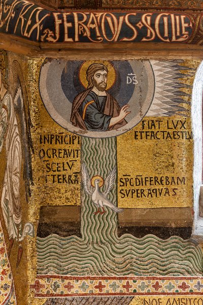 A Capela Palatina (Basílica), ciclo de mosaicos sobre o Antigo Testamento, ciclo da Criação: "Deus Fiat Lux cria a Luz e divide as Águas", século XII de Sicilian School