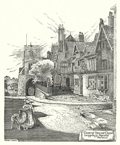 Vista Geral e Capela, Hospital de Leicester, Warwick (gravura) de Sidney Heath