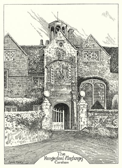 The Hungerford Almshouses, Corsham (gravura) de Sidney Heath