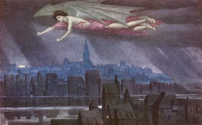 A Lenda Dourada: Lúcifer a sobrevoar a cidade (litografia a cores) de Sidney Meteyard