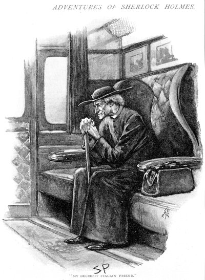 Arthur Conan Doyle The Adventure of the Final Problem Strand Magazine, Londres,1893. Ilustrado por Sidney E. Paget (1860-1908), primeiro artista a desenhar Holmes. Holmes, como velho padre italiano, espera que o Boat Train saia da Estação de Victoria, Lond de Sidney Paget