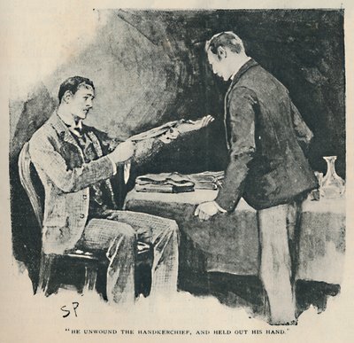 Ele desenrolou o lenço e estendeu a mão, 1892 de Sidney Paget