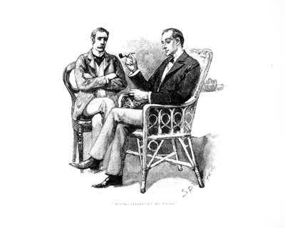 "Holmes pegou seu relógio", ilustração de "The Greek Interpreter", de Arthur Conan Doyle (1859-1930), publicada na "Strand Magazine", em setembro de 1893. de Sidney Paget