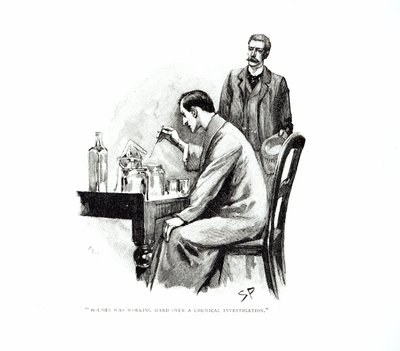 "Holmes estava trabalhando duro sobre uma investigação química", ilustração para "O Tratado Naval", de Arthur Conan Doyle (1859-1930), publicado em "Strand Magazine", outubro e novembro de 1893 ( de Sidney Paget