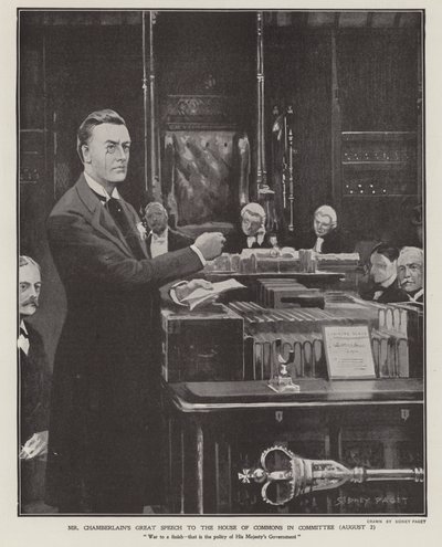 Discurso de Joseph Chamberlain sobre a Guerra dos Bôeres na Câmara dos Comuns em 2 de Agosto de 1901 (litho) de Sidney Paget