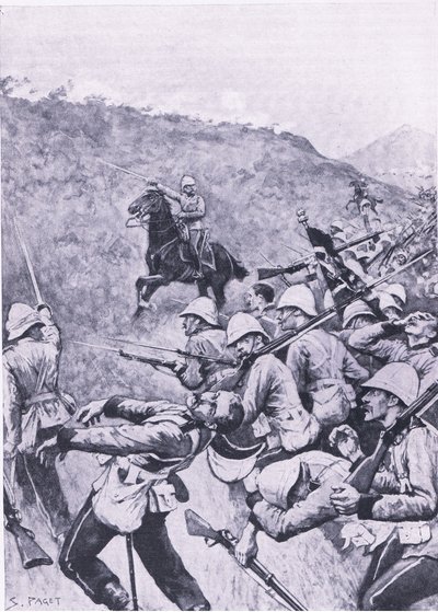 Langs Nek, 28 de janeiro de 1881 (1ª Guerra dos Bôeres), ilustração das Batalhas Britânicas na Terra e no Mar, 1915 de Sidney Paget