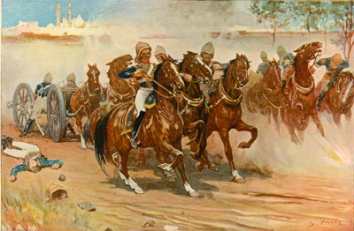 Tenente Roberts economizando sua bateria sob os muros de Delhi, 1901. de Sidney Paget