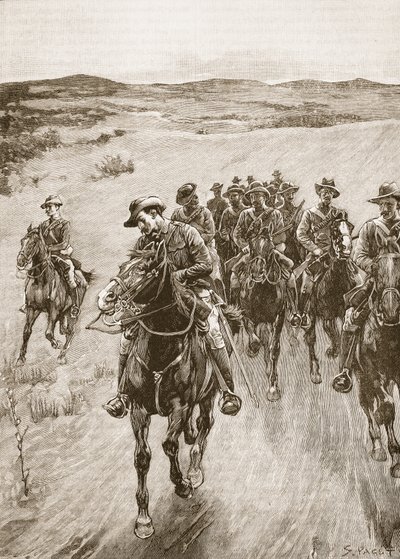 Na pista de Lobengula, 1893, ilustração de &39;História Ilustrada de Cassell da Inglaterra&39; (foto sépia) de Sidney Paget