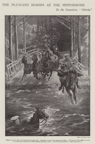 Mergulhando cavalos na Sibéria, uma apresentação no Hipódromo de Londres (Litho) de Sidney Paget