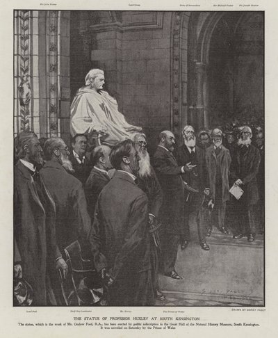 A estátua do Professor Thomas Henry Huxley no Grande Salão do Museu de História Natural, South Kensington, Londres (litho) de Sidney Paget