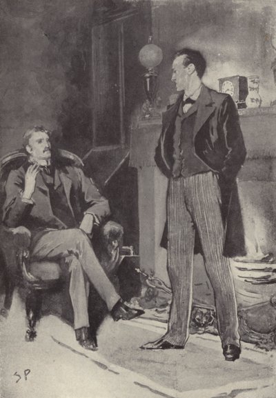 Depois ficou junto ao fogo: cena do mistério Sherlock Holmes Um escândalo na Boémia, de Arthur Conan Doyle (litho) de Sidney Paget