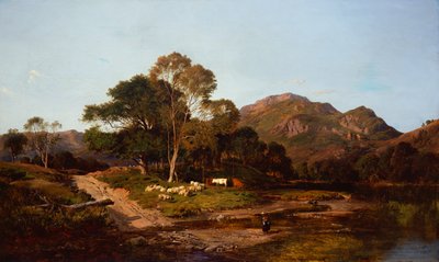 Uma leiteira cruzando um vau com ovelhas e gado além de Sidney Richard Percy