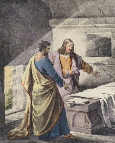 Pedro e João no sepulcro, "Ele Ressuscitou" (gravura colorida) de Siegfried Detler Bendixen