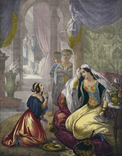 A criada hebraica cativa que esperava na Mulher de Naaman (gravura colorida) de Siegfried Detler Bendixen