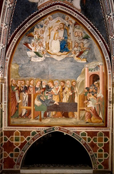 A vida da Virgem: "A Dormition e a Assunção da Virgem" Fresco da Escola de Sena (século XIV) Mosteiro de S. Benedetto (Sacro Speco), Capela da Virgem a Subiaco (Roma), Itália de Sienese School