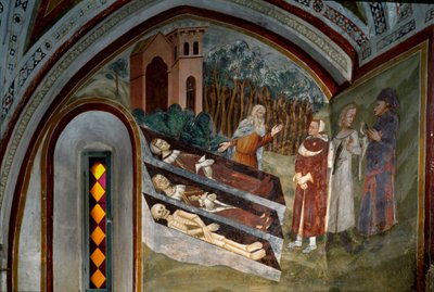 Encontro dos mortos com os vivos Detalhe de um afresco da escola de Siena. Século XIV. Mosteiro de Saint Benoit (Sacro Speco), Escadaria, Subiaco (Roma), Itália de Sienese School