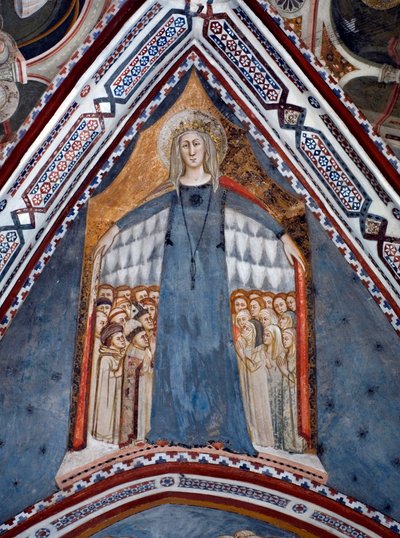 Representação da Virgem Maria Mãe da Igreja Fresco da Capela da Virgem feita pela Escola de Sena do século XIV - Mosteiro de São Benedetto (Sacro Speco), Subiaco (Roma), Itália de Sienese School