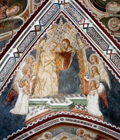 A coroação da Virgem Fresco da Capela da Virgem realizada pela escola de Siena do século XIV - Mosteiro de São Bento (Sacro Speco), Subiaco (Roma), Itália de Sienese School