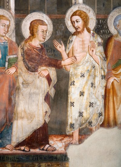 O incrédulo do apóstolo Thomas Detail. O fresco da escola de Siena. Século XIV. Igreja Superior. Mosteiro de São Benedetto (Sacro Speco), Subiaco (Roma), Itália. de Sienese School