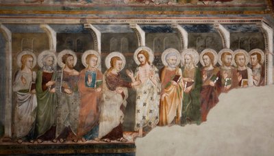 O incrédulo do apóstolo Thomas Fresco da escola de Siena. Século XIV. A Igreja Superior. Mosteiro de São Benedetto (Sacro Speco), Subiaco (Roma), Itália. de Sienese School