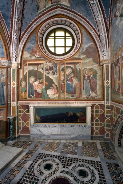 A Natividade e Adoração da Escola do Magi Fresco de Siena. Século XIV. Capela da Virgem. Mosteiro de São Benedetto (Sacro Speco), Subiaco (Roma), Itália. de Sienese School