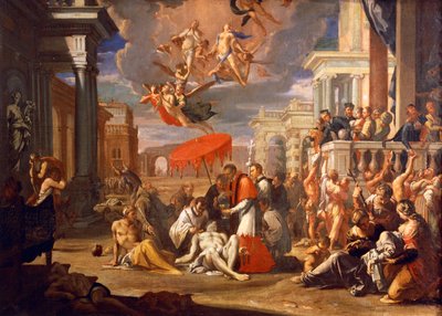 São Carlos Borromero administrando a Santa Comunhão às vítimas da peste em 1576, por Sigismundo Caula (1637-1713), óleo sobre tela, 97x147 cm de Sigismondo Caula