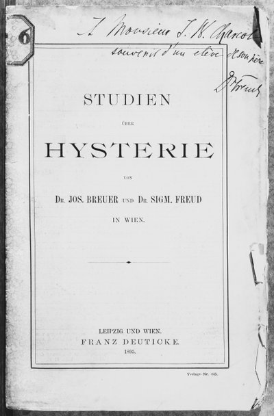 Capa de &39;Studien uber Hysterie&39; de Josef Breuer (1842-1925) e Freud, dedicada a Jean Charcot (1867-1936) Leipzig e Wien, publicada por Franz Deuticke, 1895 de Sigmund Freud