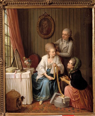 O vendedor de fitas Uma jovem que usa um cabelo em casa fala com o comerciante carregando uma mosca da moda no rosto. Pintura de Sigmund Freudenberg (1745-1801) Paris do século XVIII, Musee de Cognacq Jay de Sigmund Freudenberger
