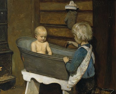 Choldren a brincar numa banheira (óleo sobre tela) de Sigmund Sinding