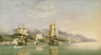 Ataque a um comboio de dezoito navios mercantes franceses em Laigrelia e Alassio, 27 de junho de 1812, início do século XIX (caneta, tinta, grafite, aguarela) de Silas Thomson (attr.to) Hood