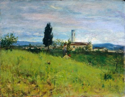 Igreja no campo, por Silvestro Lega (1826-1895), óleo sobre painel, 29x38 cm de Silvestro Lega