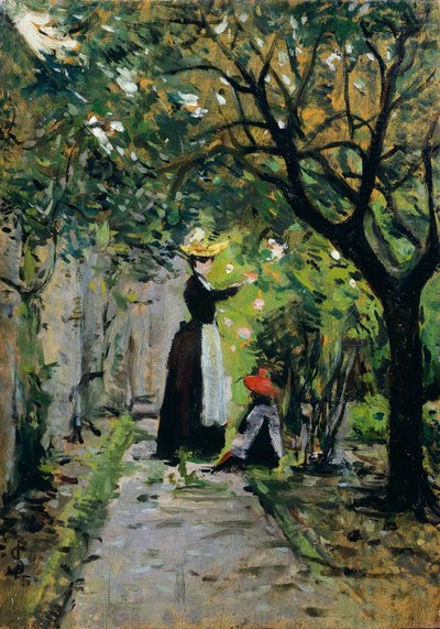 Em roseiral, por Silvestro Lega (1826-1895), óleo sobre painel, 36,5x25,5 cm de Silvestro Lega