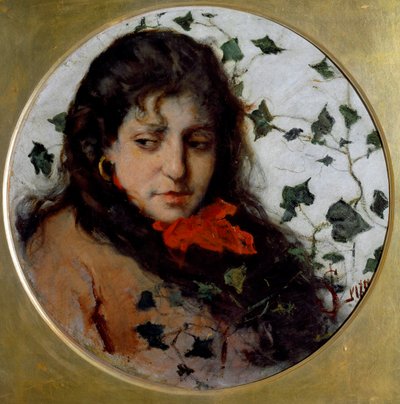 Ivy (Edera) Retrato de uma jovem mulher, tem expressão melancólica, rosto rodeado de folhas de hera - (Ivy) Pintura de Silvestro Lega (1826-1895) Genes, Galleria d