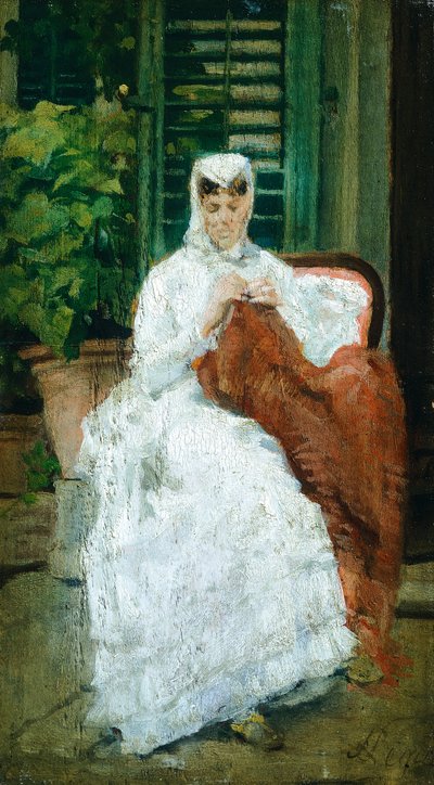 Costura feminina, por Silvestro Lega (1826-1895), Óleo sobre painel, 27,5x15,5 cm de Silvestro Lega