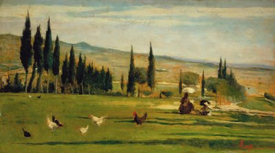 Paisagem à volta da cidade de Gabbro, c.1889-90 (óleo sobre tábua) de Silvestro Lega