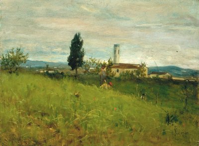 Pequena igreja no campo, c.1877 (óleo sobre tábua) de Silvestro Lega