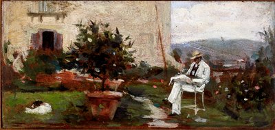 Luigi Tommasi no seu jardim (Pintura sobre uma caixa de madeira de Silvestro Lega