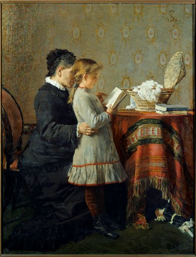 Lição de leitura. Uma enfermeira aprende a ler uma menina. Pintura de Silvestro Lega (1826-1895) Ec. Ital de Silvestro Lega